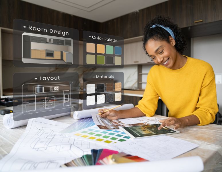 Person entwirft Küchenlayout mit Materialien